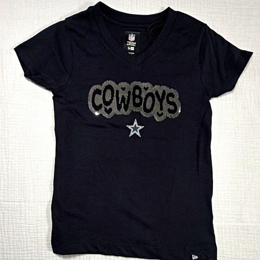 NFL Team Apparel Dallas Cowboys NFL Girls V-Neck Shirt Black Silver Size 4/5